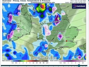 英国降雪地图显示，新的零下8摄氏度的北极寒流将袭击数百万英国人，天气预报变成紫色