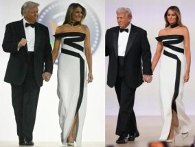 梅拉尼娅·特朗普身着黑白抹胸礼服出席美国总统唐纳德·特朗普的就职舞会